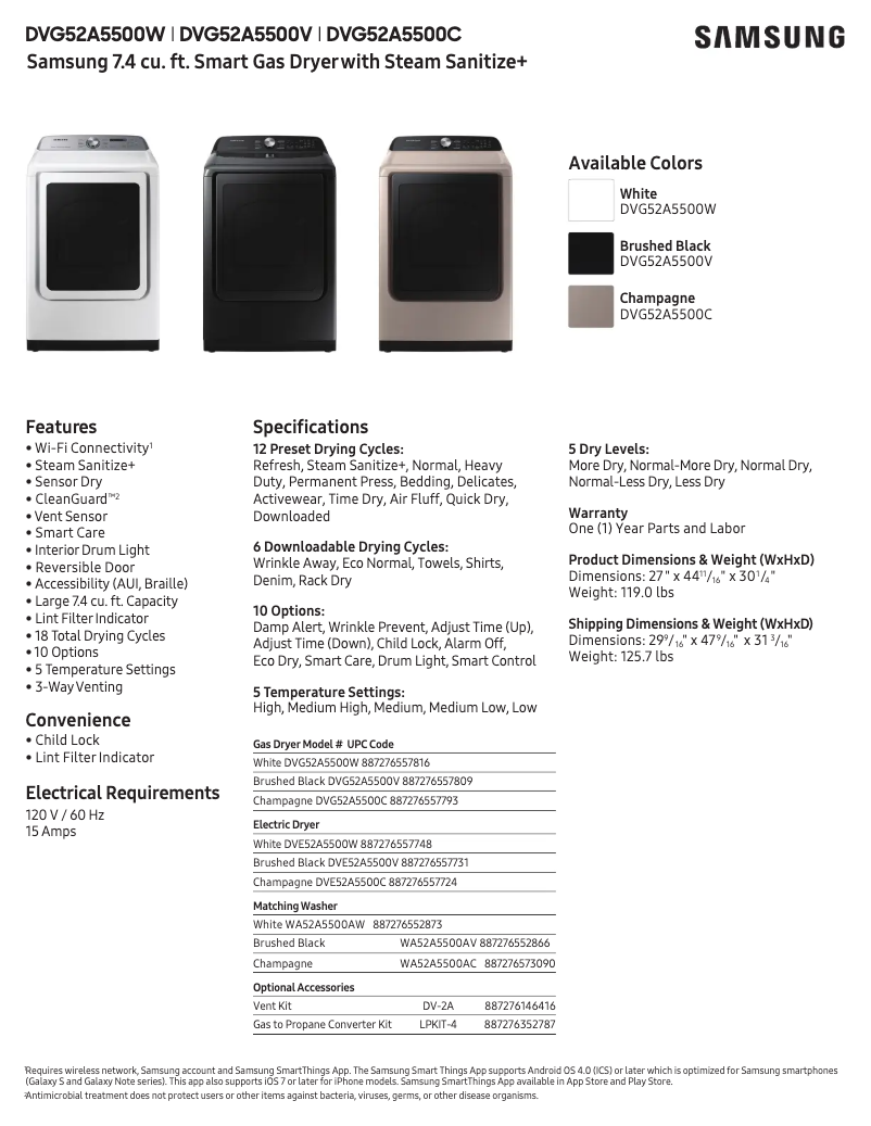 Page 1 de la notice Fiche technique Samsung DVG52A5500W