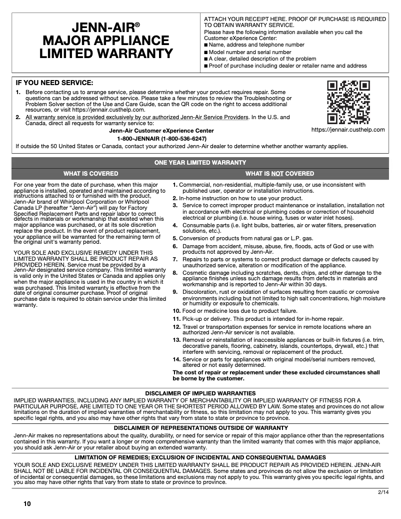 Page 1 de la notice Informations de garantie JennAir JWD3030EX