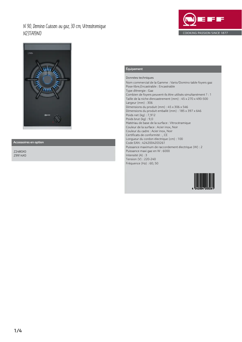 Page 1 de la notice Fiche technique Neff N23TA19N0