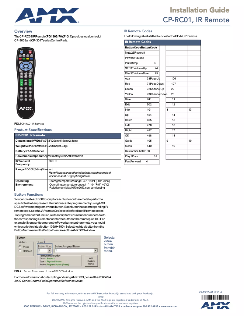 Page 1 de la notice Manuel utilisateur AMX CP-RC01