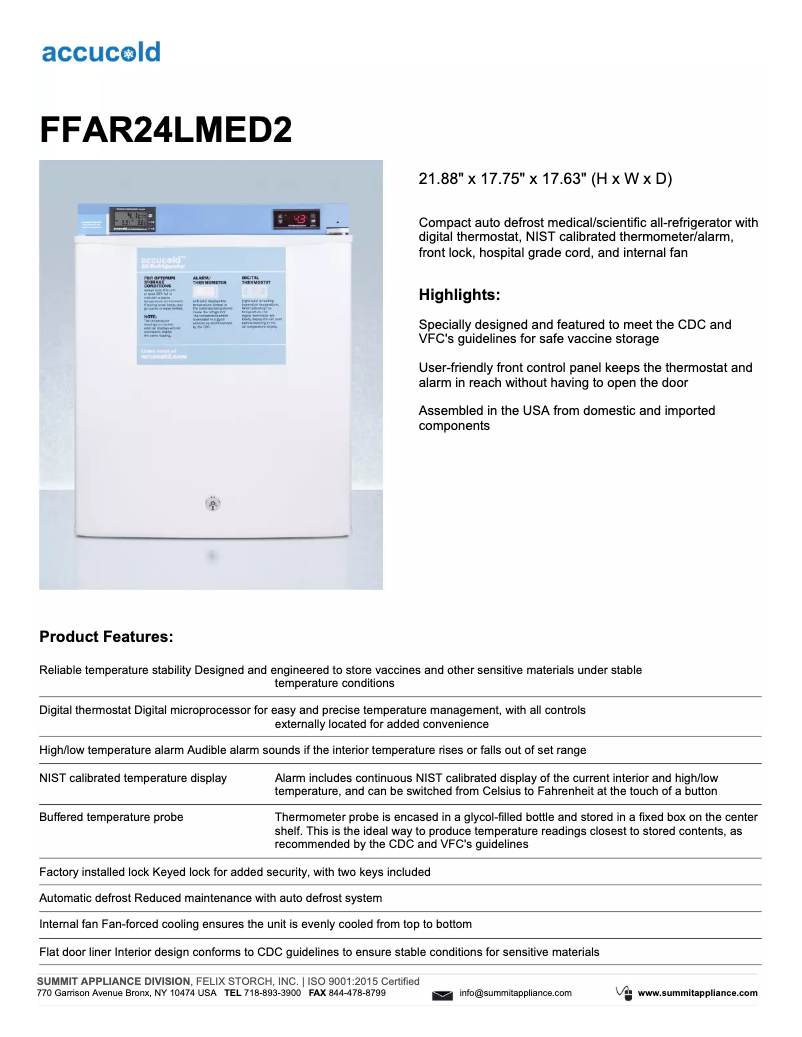 Image de la première page du manuel de l'appareil Accucold FFAR24LMED2