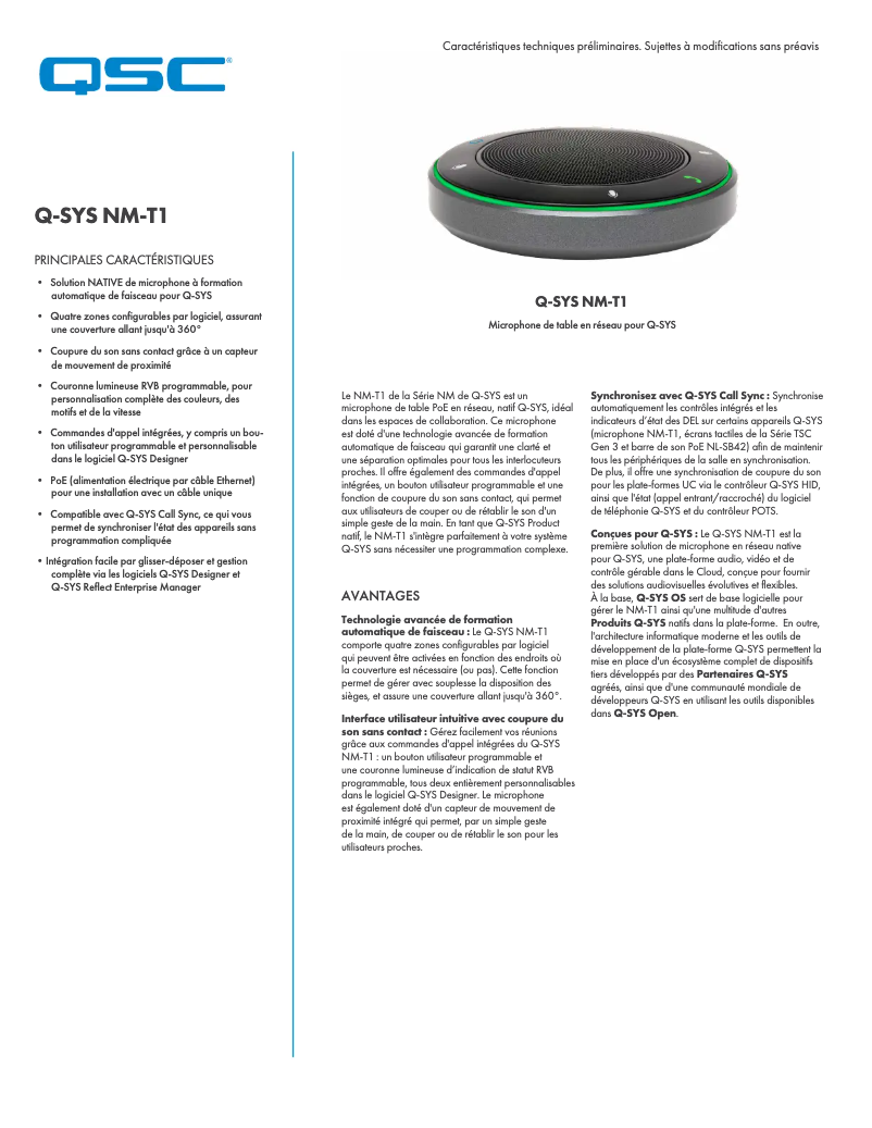 Page 1 de la notice Fiche technique QSC NM-T1