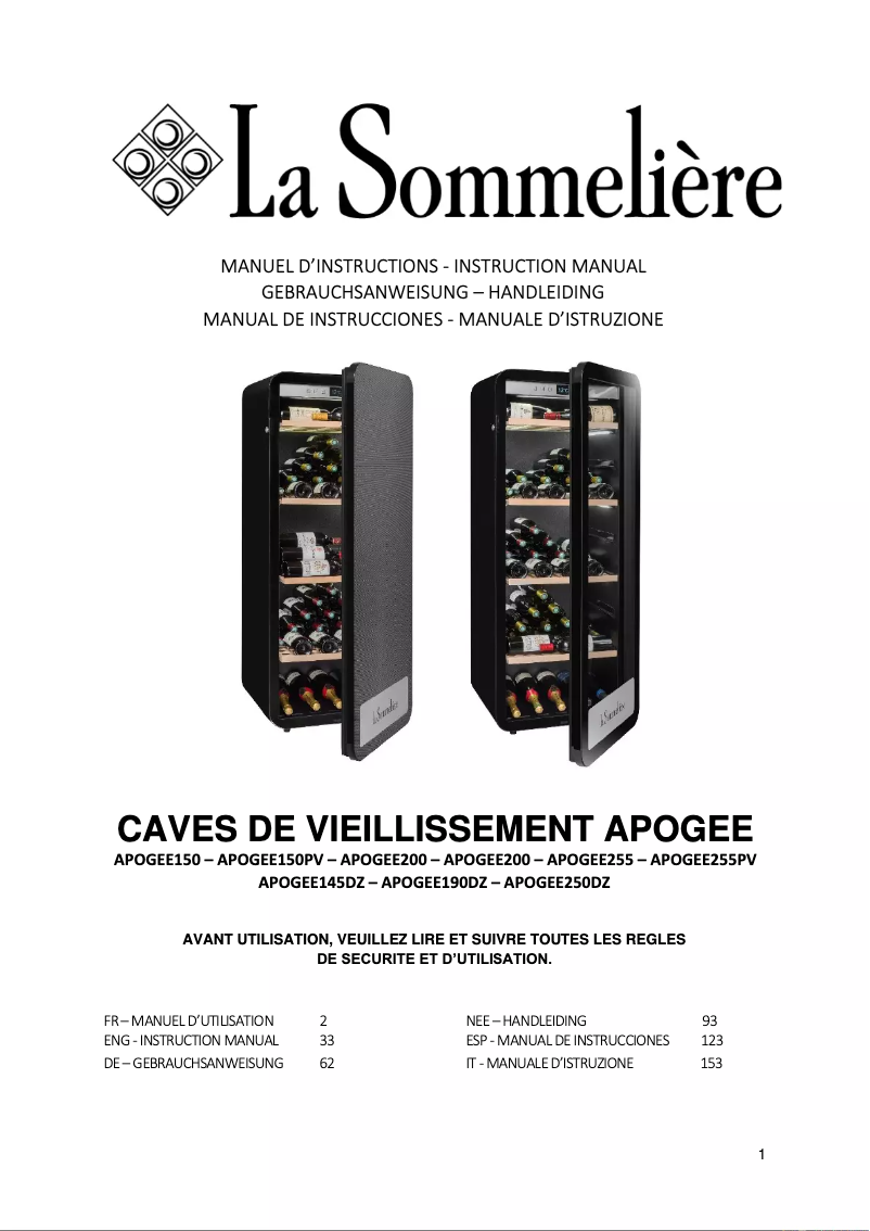 Page 1 de la notice Manuel utilisateur La Sommelière APOGEE150