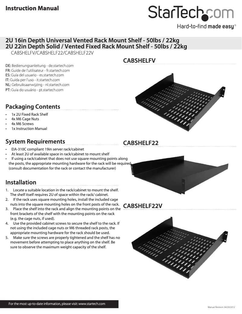 Imagen de la primera página del manual del dispositivo CABSHELF22V
