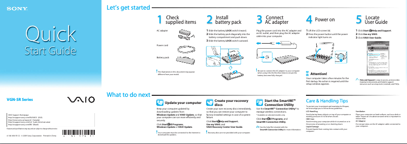 Page n°1 - Guide d'installation Sony Vaio VGN-SR490J
