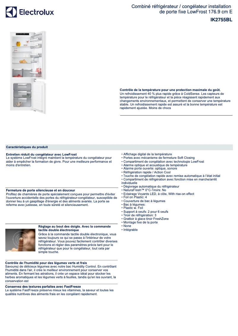 Page 1 de la notice Fiche technique Electrolux IK2755BL