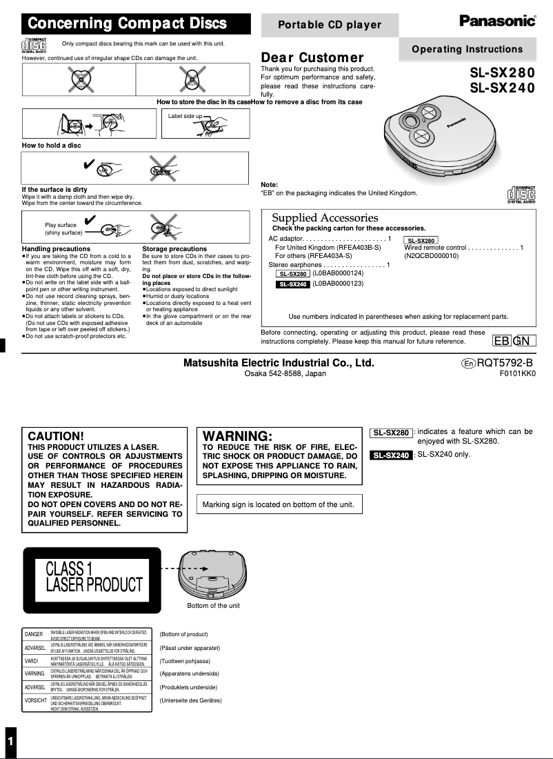 Page n°1 - Manuel utilisateur Panasonic SL-SX240