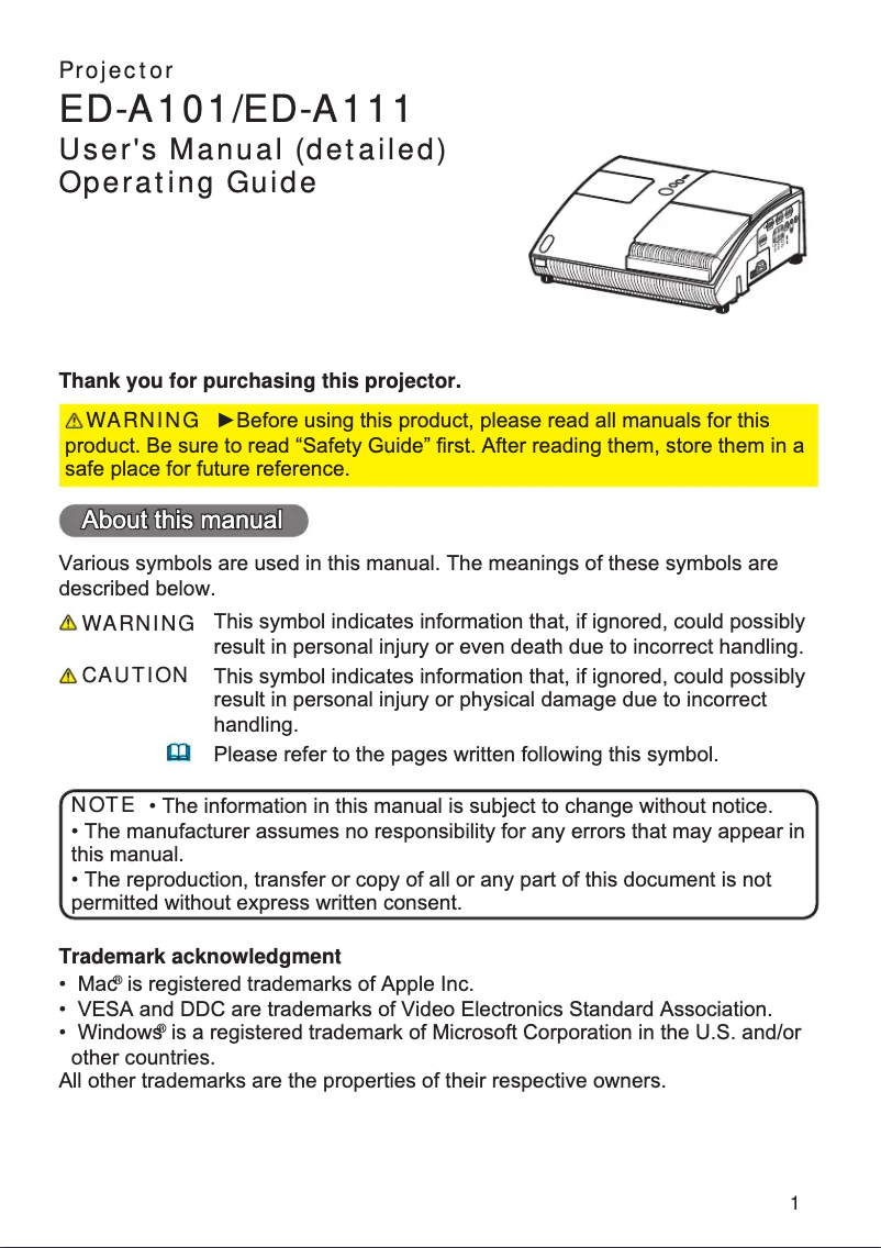 Page n°1 - Manuel utilisateur Hitachi ED0-A111