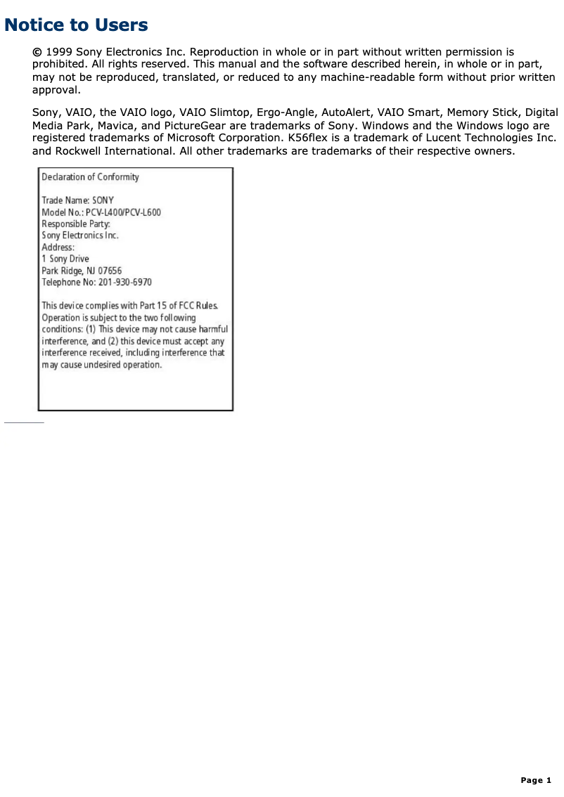Page n°1 - Manuel utilisateur Sony Vaio PCV-L400