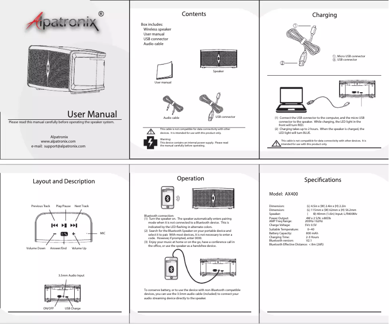Page 1 de la notice Manuel utilisateur Alpatronix AX400