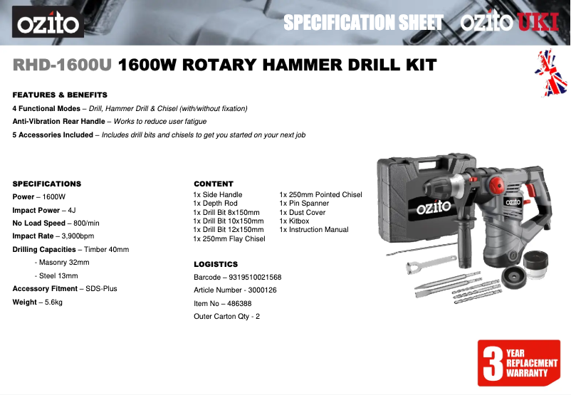 Page 1 de la notice Fiche technique Ozito RHD-1600U
