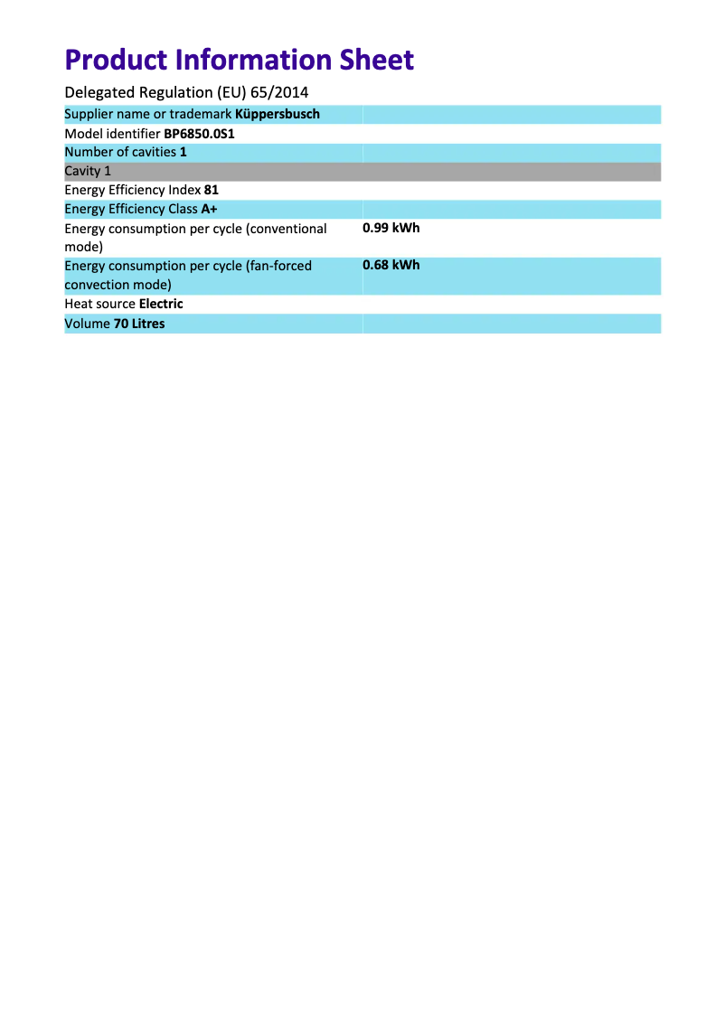 Page 1 de la notice Label énergétique Küppersbusch BP6850.0S