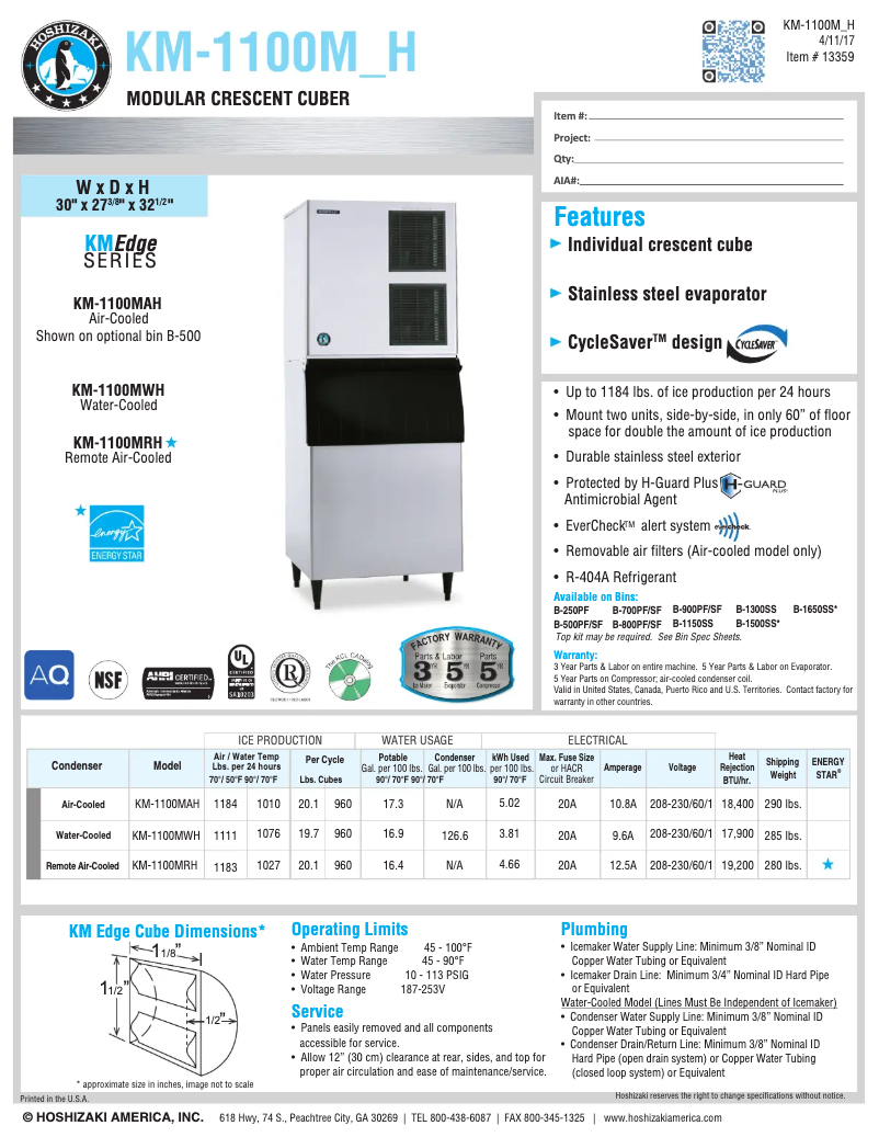Page 1 de la notice Fiche technique Hoshizaki KM-1100MRH