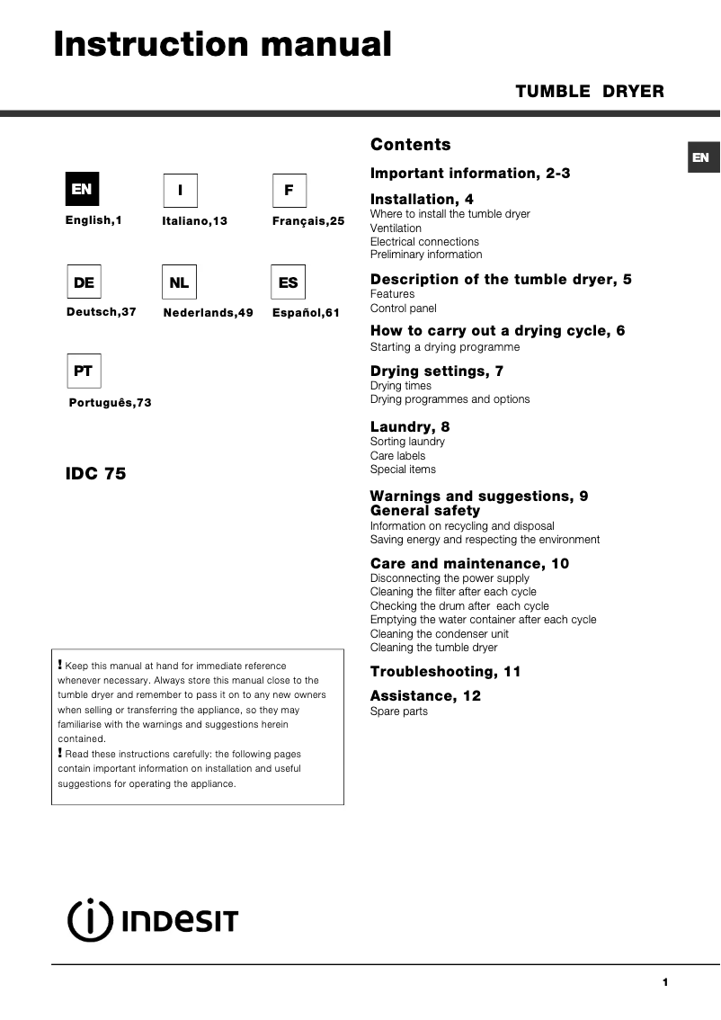 Page 1 de la notice Manuel utilisateur Indesit IDC 75 B