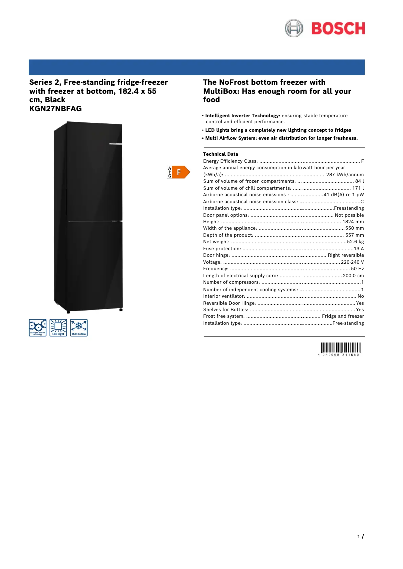 Page n°1 - Fiche technique Bosch Serie 2 KGN27NBFAG