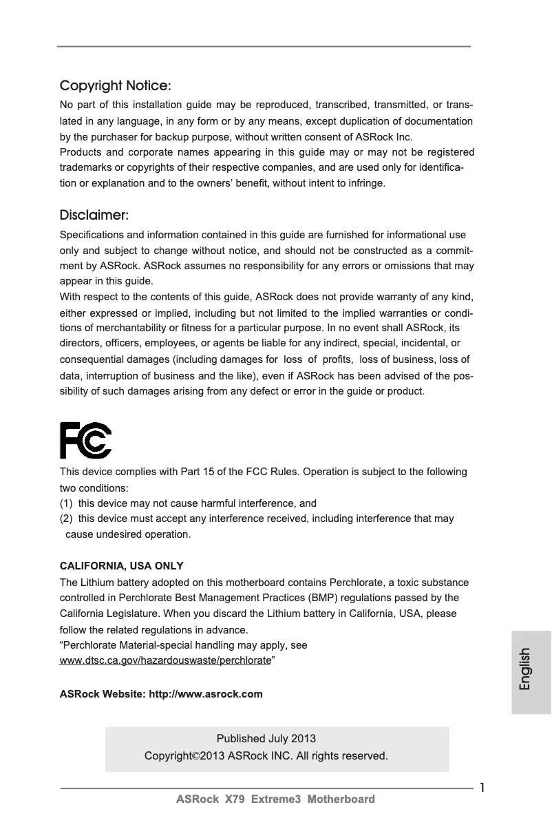 Page 1 de la notice Manuel utilisateur Asrock X79 Extreme3