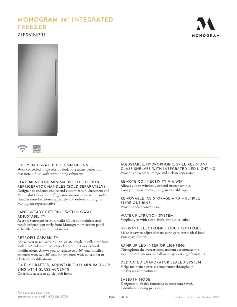 Página 1 del manual Ficha técnica Monogram ZIF361NPRII