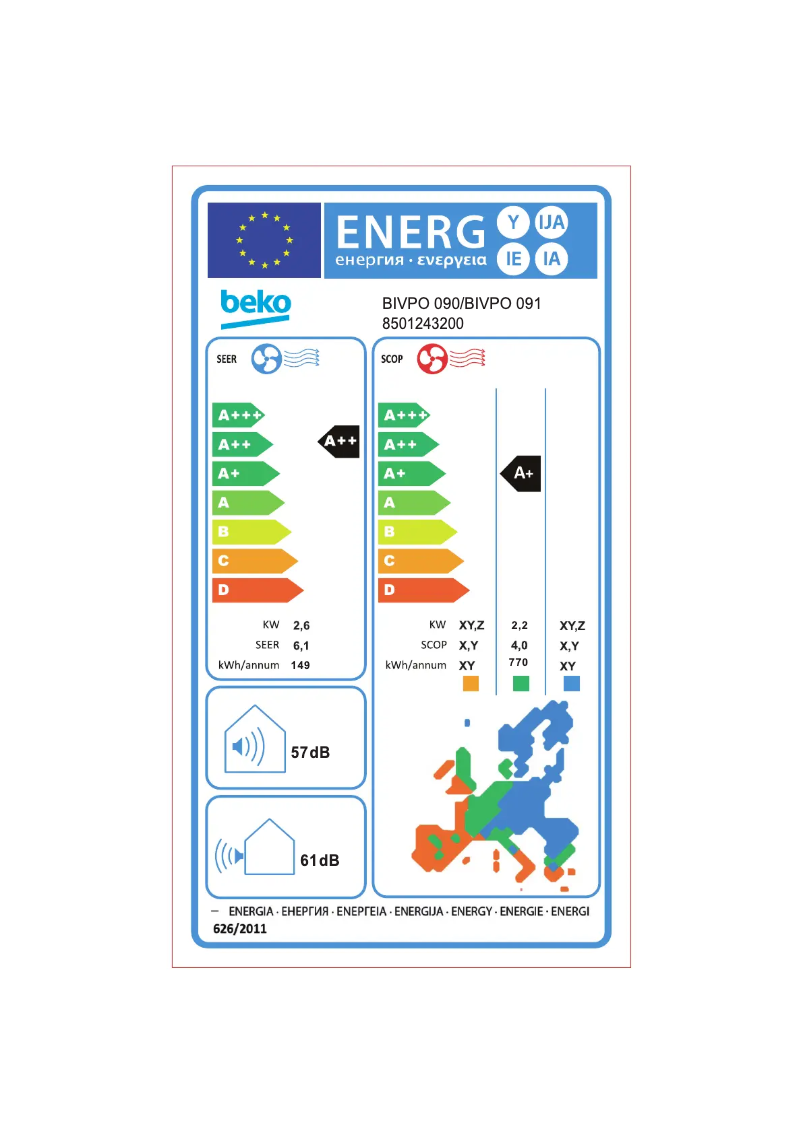 Page 1 de la notice Label énergétique Beko BIVPO 090/ BIVPO 091