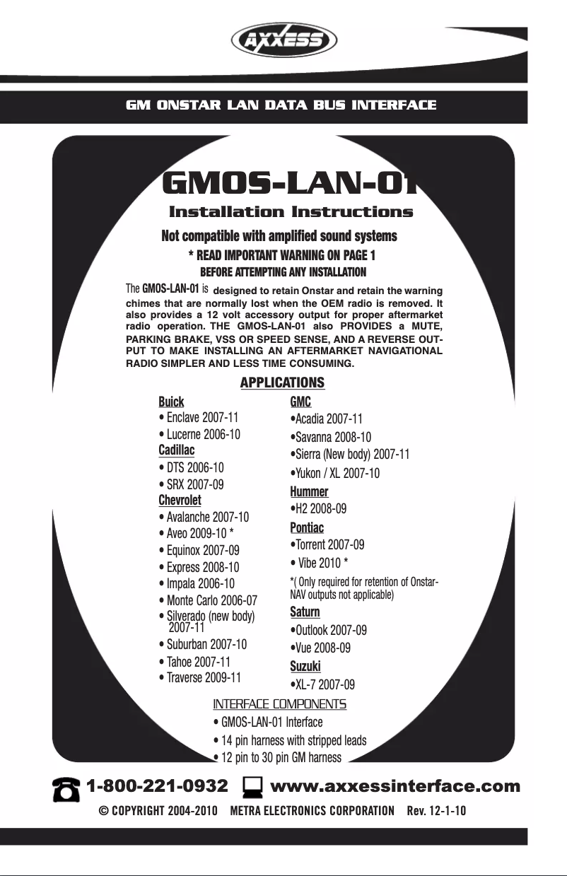 Page 1 de la notice Manuel utilisateur Axxess GMOS-LAN-01