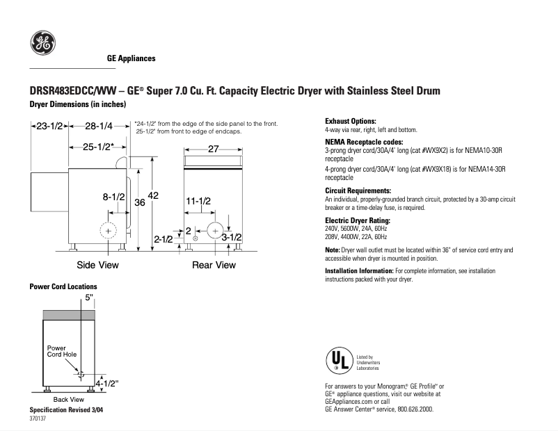 Page 1 de la notice Fiche technique GE DRSR483EDCC