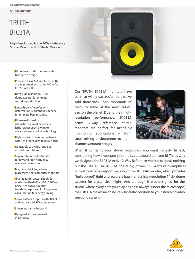 Page n°1 - Fiche technique Behringer Truth B1031A