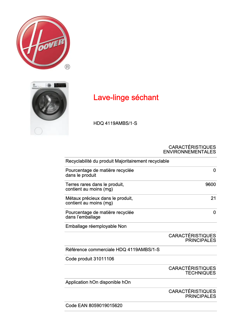 Page n°1 - Fiche technique Hoover HDQ 4119AMBS/1-S