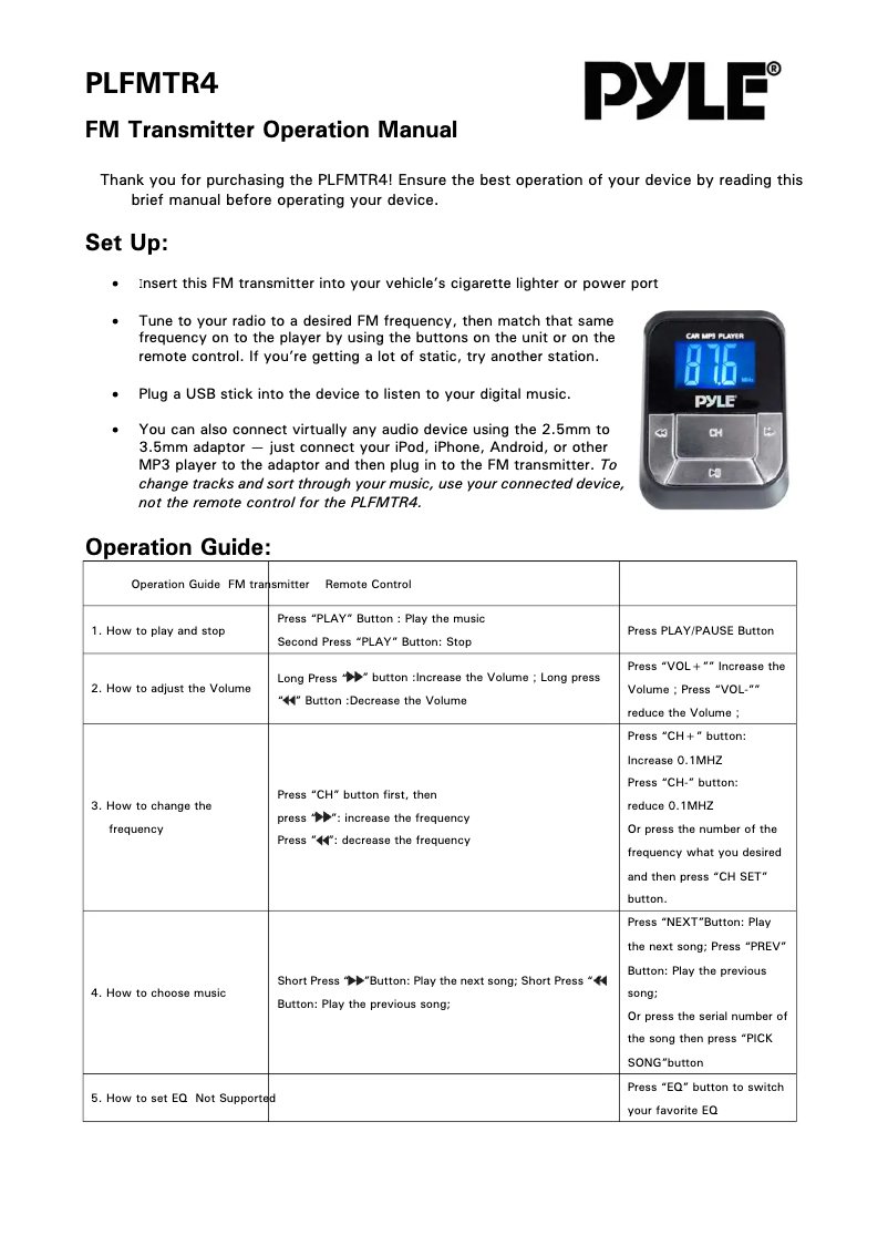 Page n°1 - Manuel utilisateur Pyle PLFMTR4
