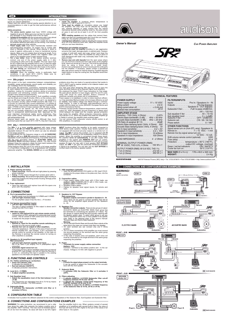 Page 1 de la notice Manuel utilisateur Audison SRX 1