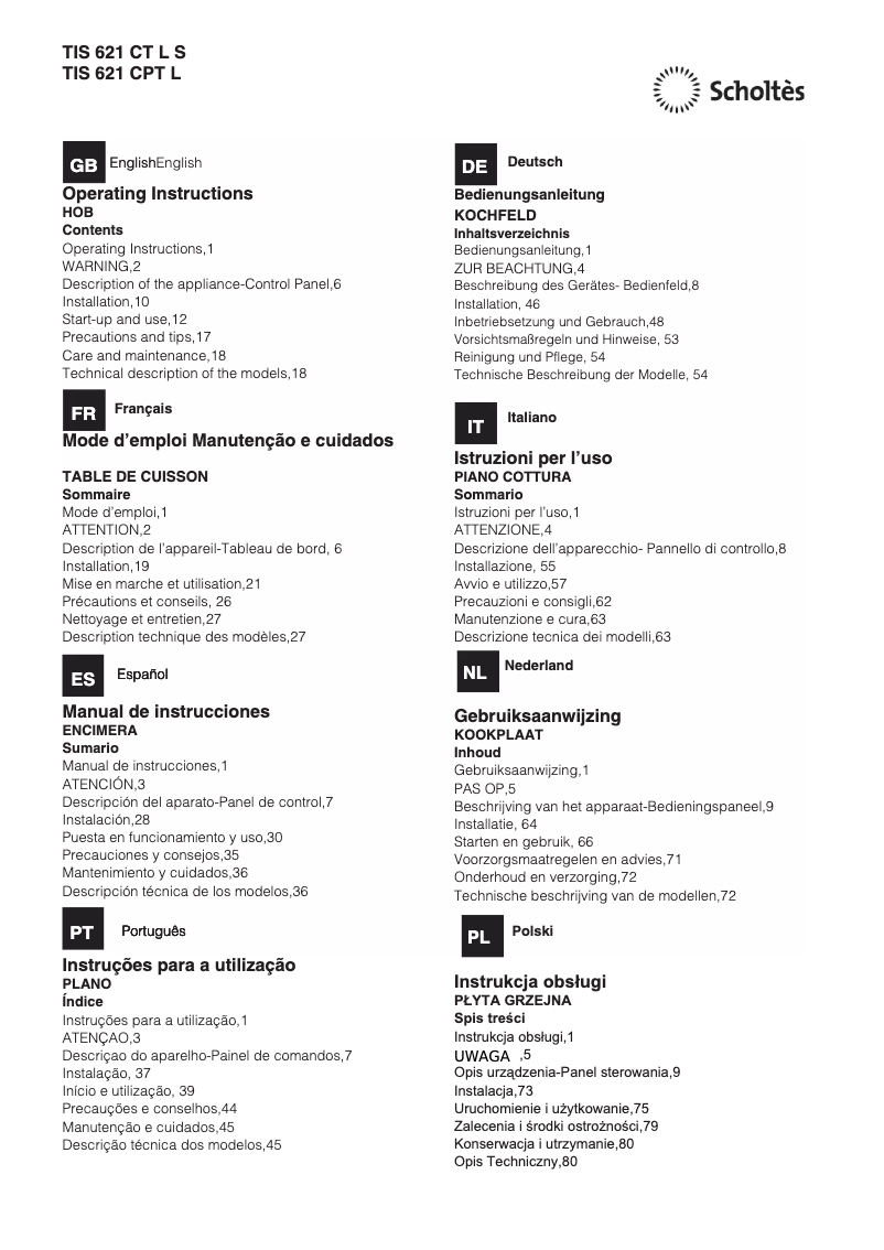 Page n°1 - Manuel utilisateur Scholtès TIS 621 CPT L