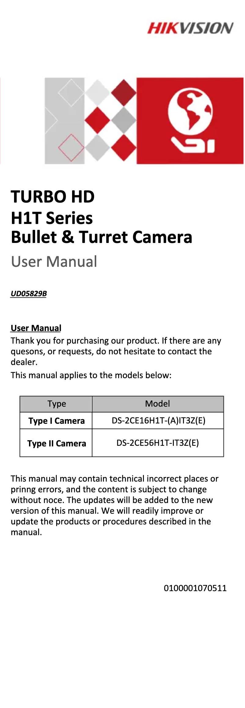 Page 1 de la notice Manuel utilisateur Hikvision DS-2CE56H1T-IT3ZE