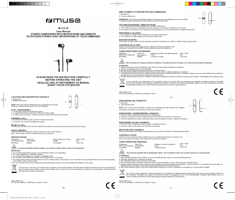 Page 1 de la notice Manuel utilisateur Muse M-112 CF