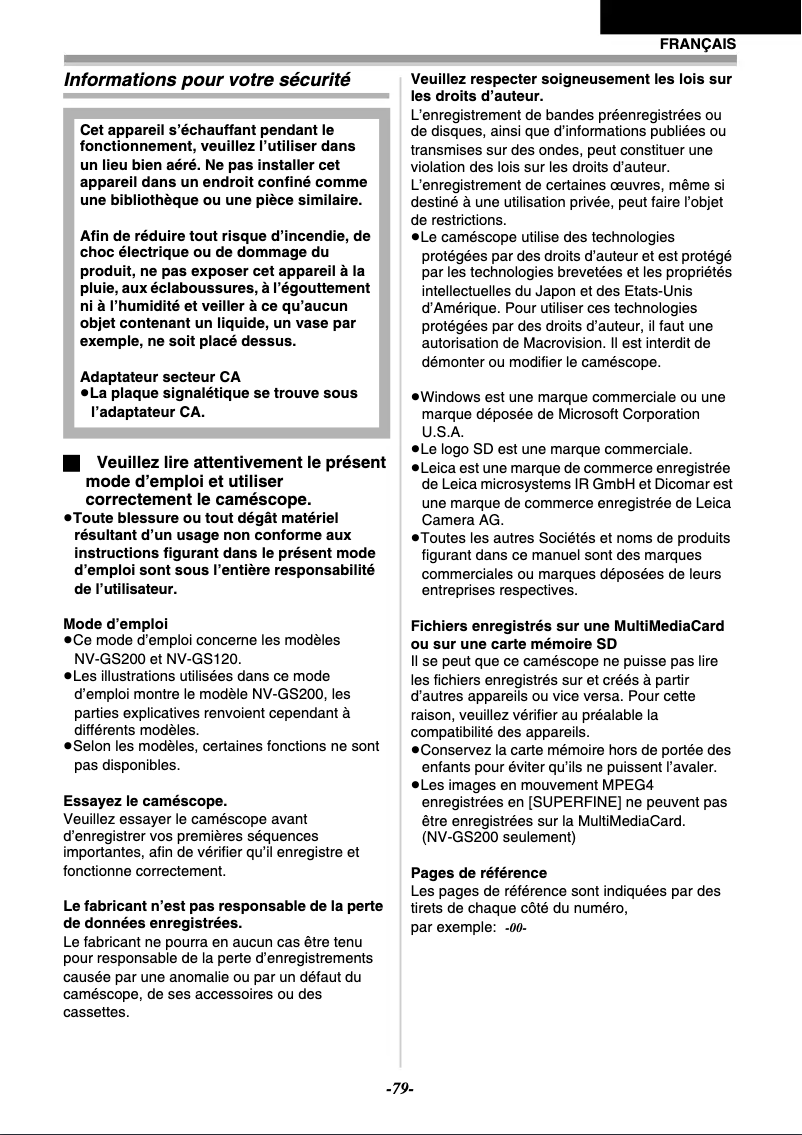 Image de la première page du manuel de l'appareil NV-GS200