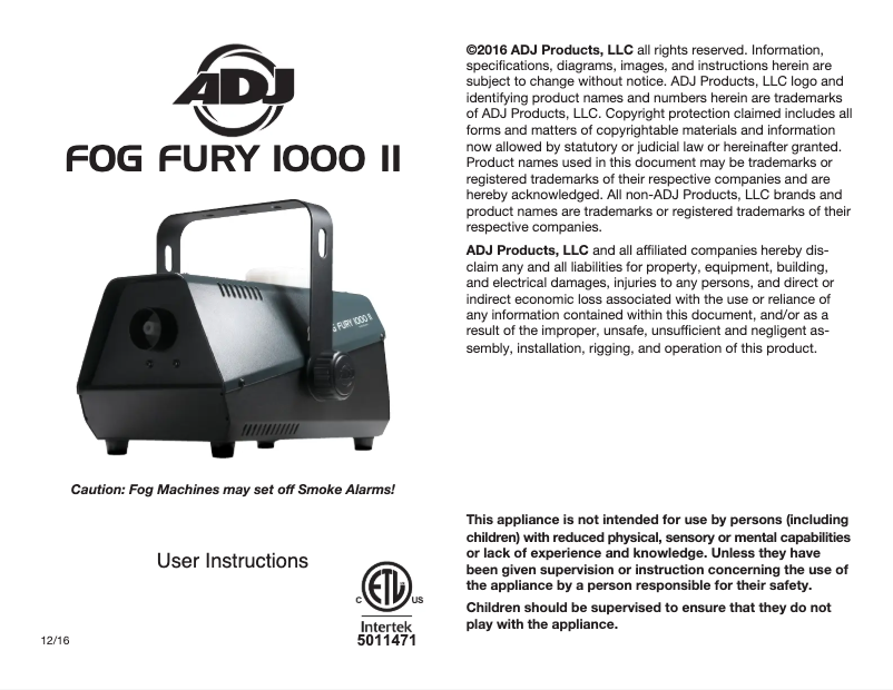 Page 1 de la notice Manuel utilisateur Adj Fog Fury 1000 II