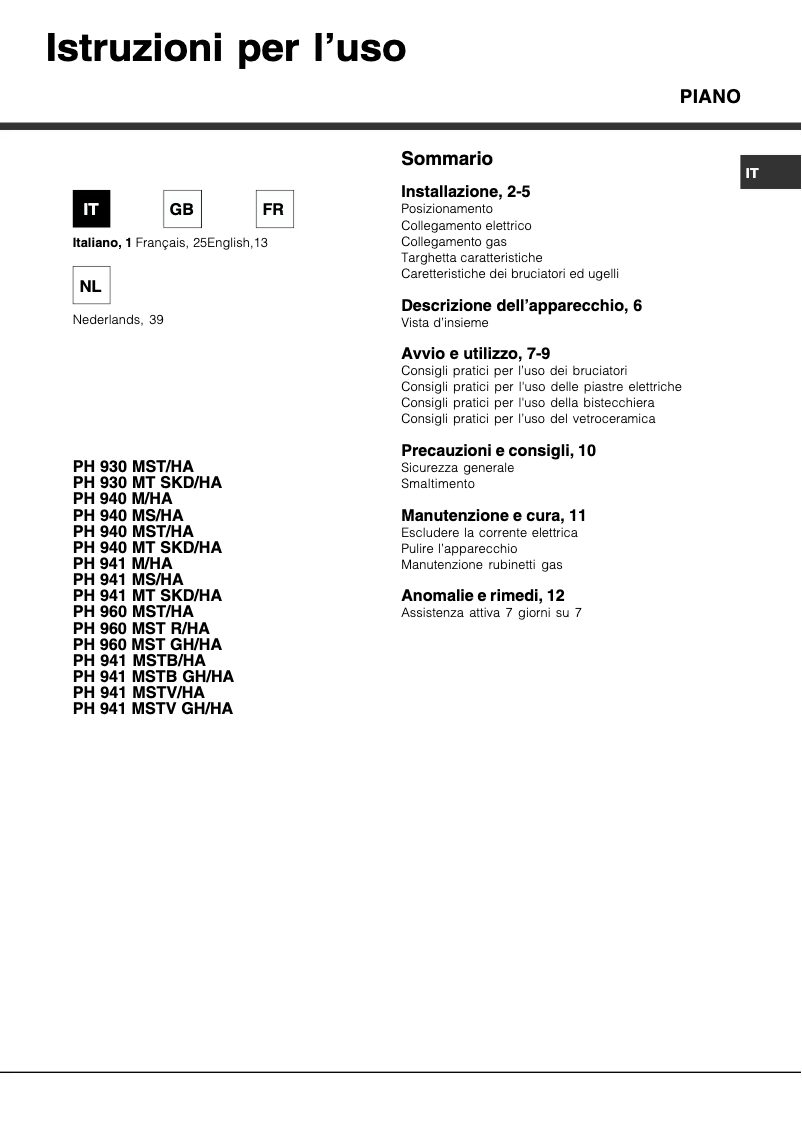 Page 1 de la notice Manuel utilisateur Hotpoint Ariston PH 960 MST/HA