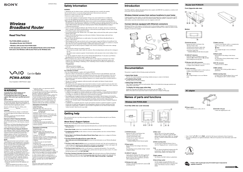 Page 1 de la notice Guide d'installation Sony PCWA-AR300