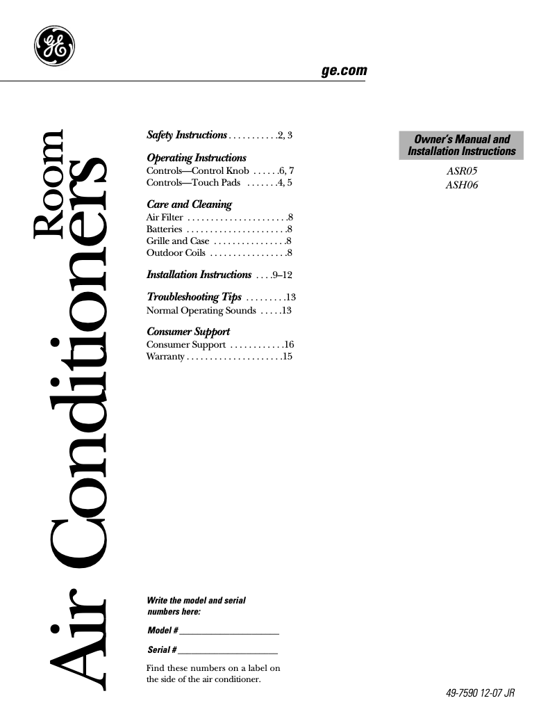 Page n°1 - Guide d'installation GE ASH06LL