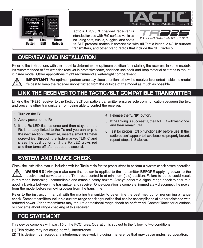 Page n°1 - Manuel utilisateur Tactic TR325