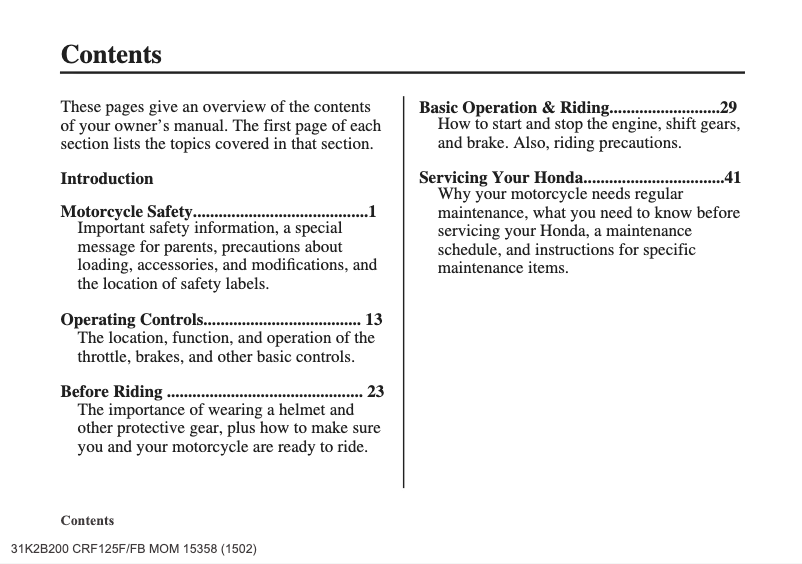 Page 1 of the manual User Manual Honda Big Wheel CRF125F (2016)