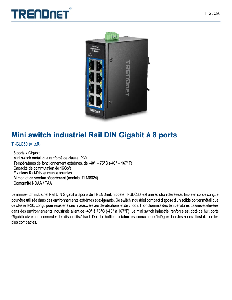 Page 1 de la notice Manuel utilisateur TRENDnet TI-GLC80