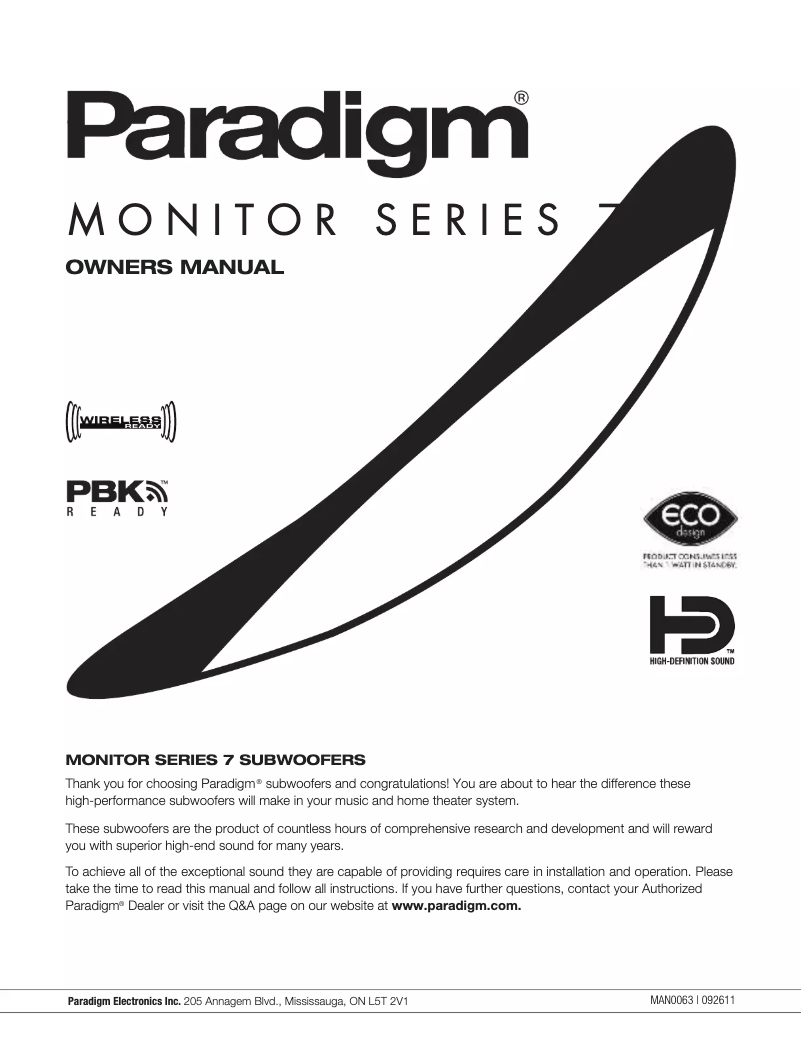 Page n°1 - Mode d'emploi Paradigm Monitor SUB 10