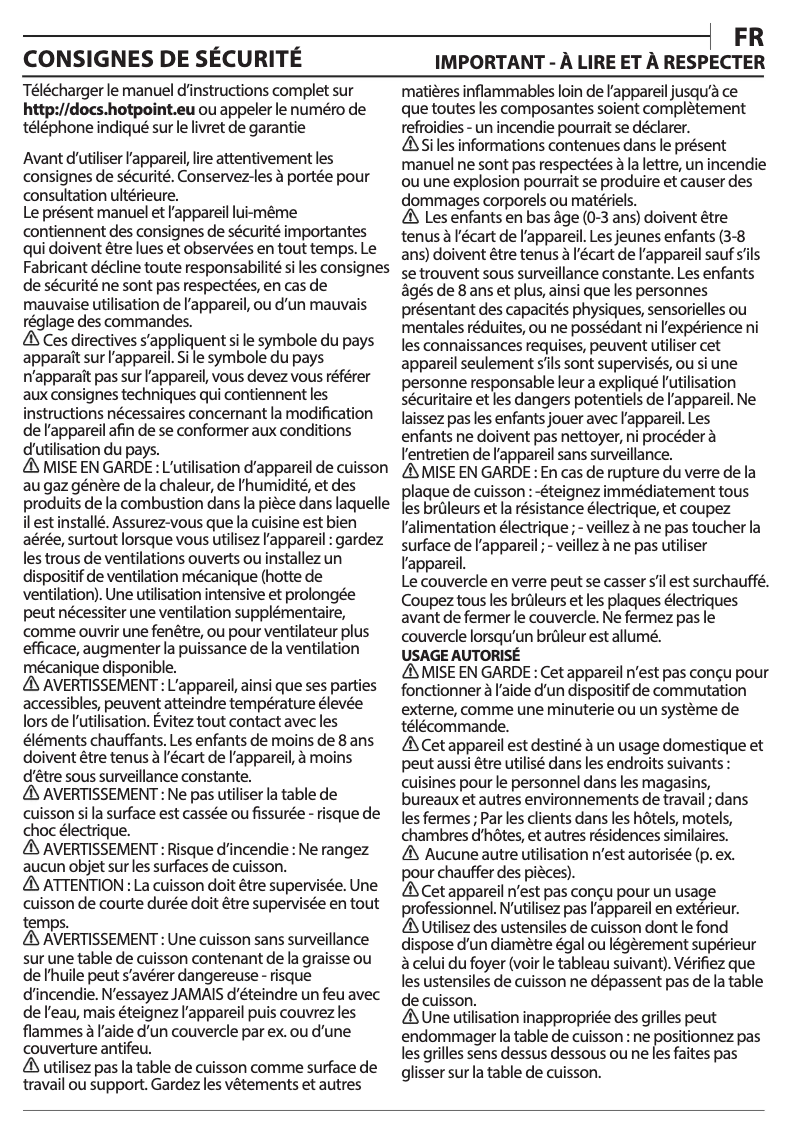 Page 1 de la notice Manuel utilisateur Hotpoint HAGD 61S