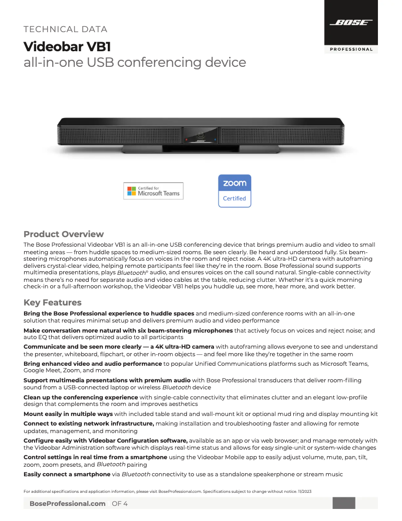 Imagen de la primera página del manual del dispositivo Videobar VB1