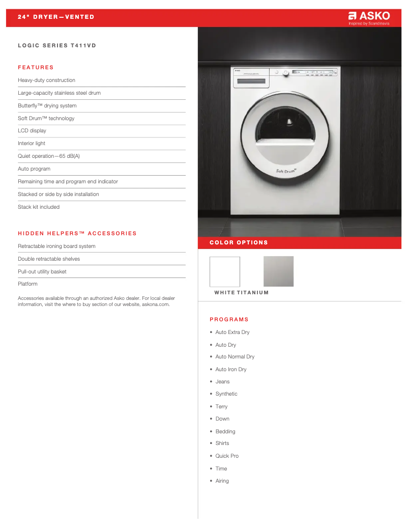 Page 1 de la notice Fiche technique Asko T411VDT
