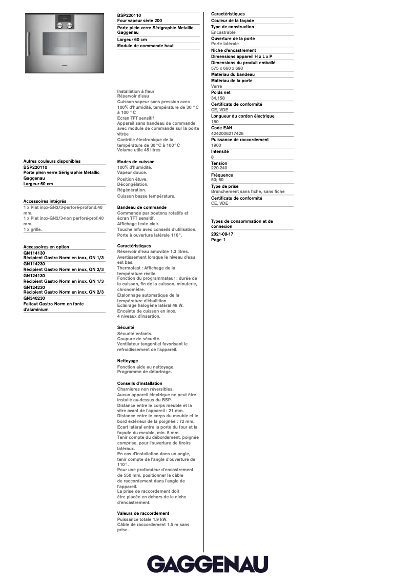 Página 1 del manual Ficha técnica Gaggenau BSP220110