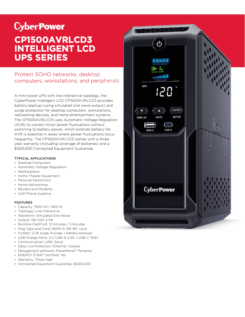 Página 1 del manual Ficha técnica CyberPower CP1500AVRLCD3