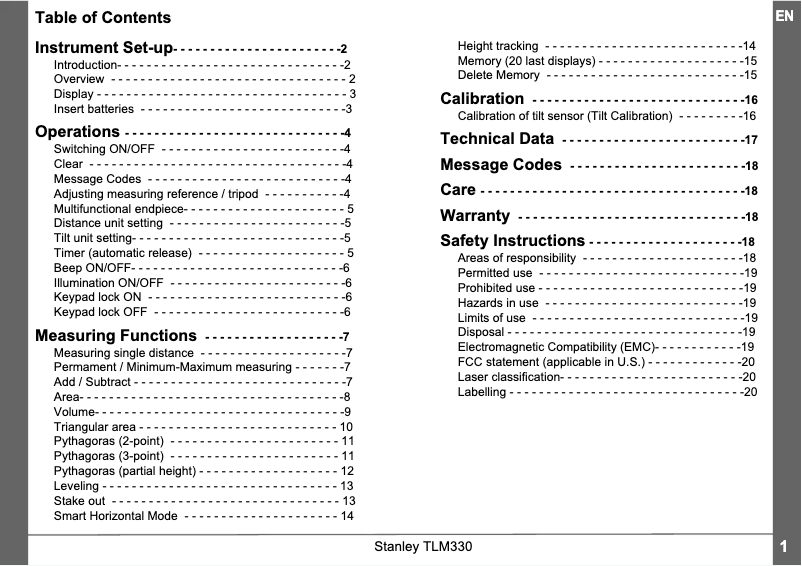 Page n°1 - Manuel utilisateur Stanley TLM330