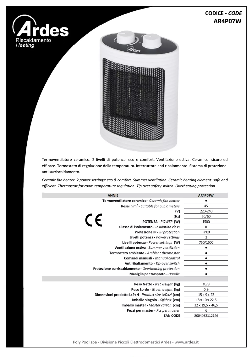 Página 1 del manual Ficha técnica Ardes AR4P07W