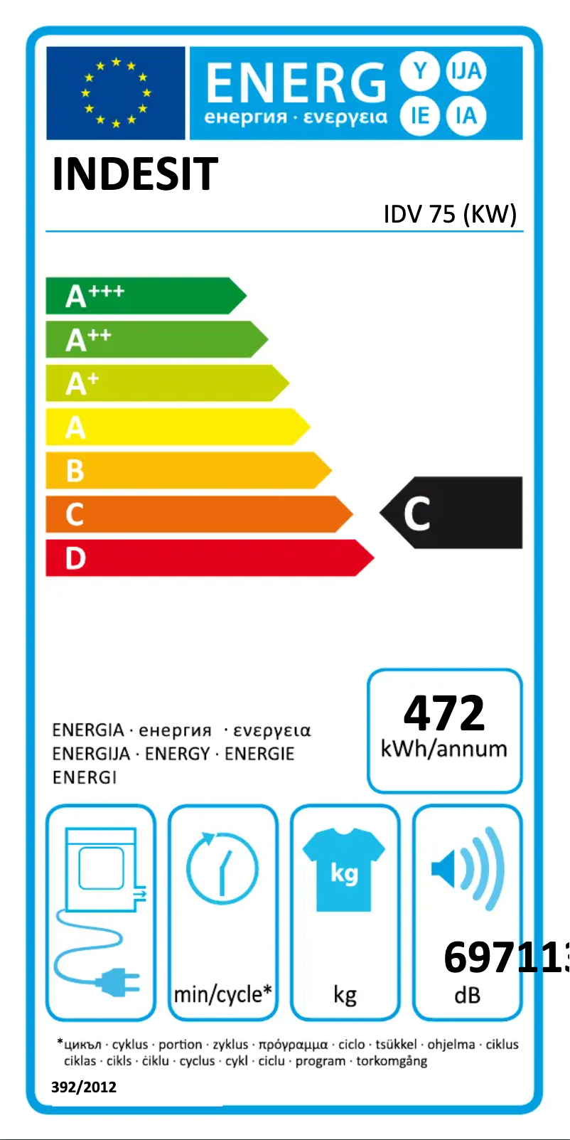 Page 1 de la notice Label énergétique Indesit IDV 75 (KW)