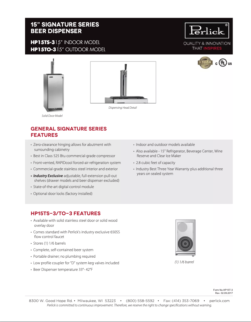 Page 1 de la notice Fiche technique Perlick Signature Series HP15TO-3-1R