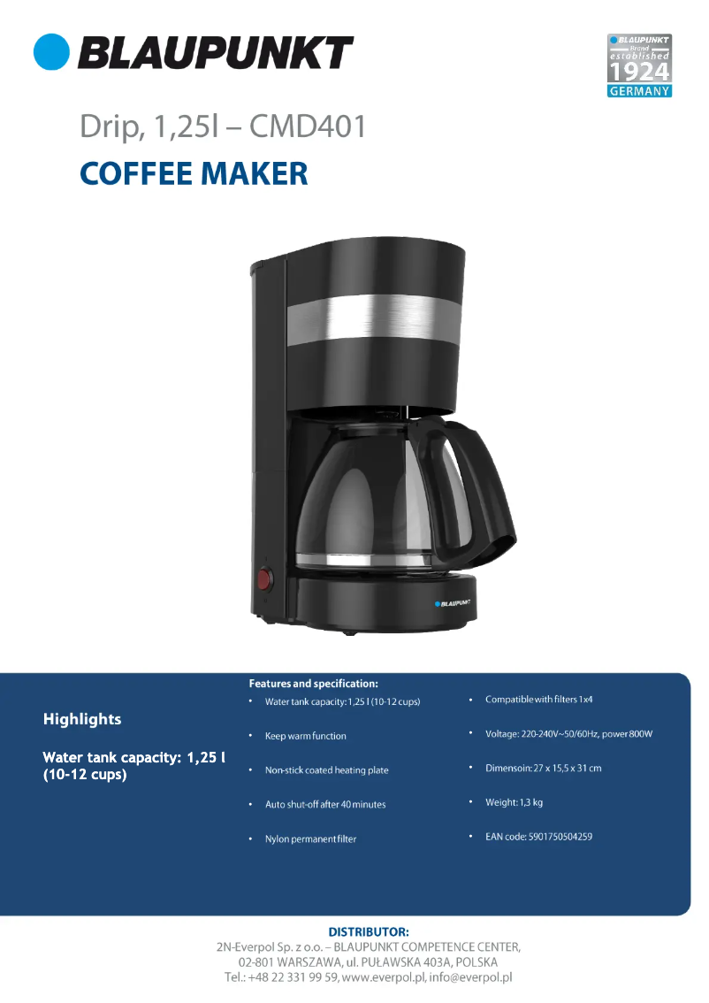 Page n°1 - Fiche technique Blaupunkt CMD401